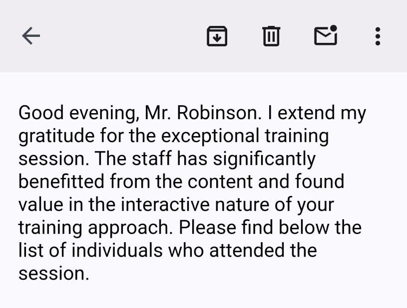Email from a program director thanking Kenneth Robinson for an exceptional and interactive training session
